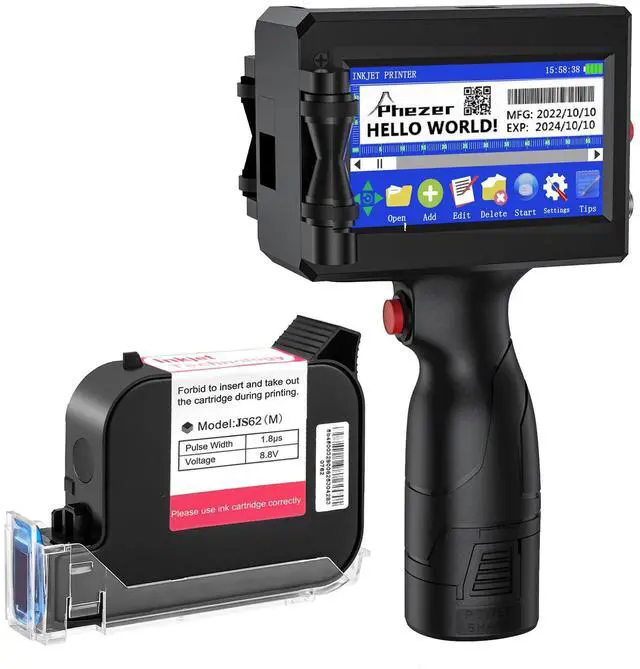 Main image of Phezer Handheld Inkjet Printer Gun P15U with Quick-Drying Ink Cartridge, 0.5inch Portable Handheld Printer for Text/Barcode/Logo/QR/Counter/Number/Date (P15 Inkjet Printer with JS62 Cartridge)