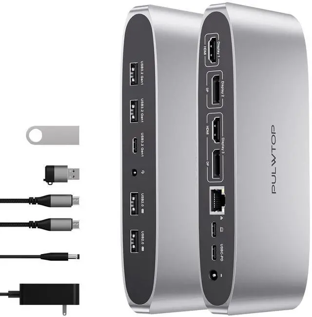 Main image of PULWTOP Displaylink Docking Station, Triple Display DisplayLink Dock for MacBook M1/M2/M3 Windows, 4K@60Hz Laptop Docking Station with 2 HDMI, 2 Display Port, PD, USB C Data, 4 USBA, Ethernet, Audio