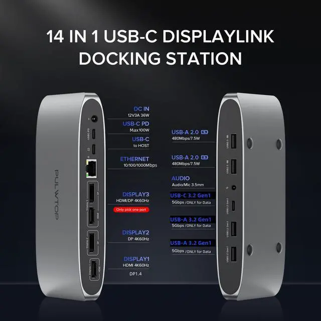 Alt view image 2 of 5 - PULWTOP Displaylink Docking Station, Triple Display DisplayLink Dock for MacBook M1/M2/M3 Windows, 4K@60Hz Laptop Docking Station with 2 HDMI, 2 Display Port, PD, USB C Data, 4 USBA, Ethernet, Audio
