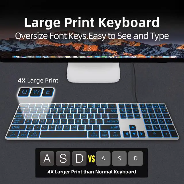 Alt view image 2 of 5 - POWZAN Large Print Aluminum Bluetooth Keyboard for Mac,7 Backlit Computer Wired Keyboard with Numeric Keypad for Ipad,Full Size Slim Quiet,for iMac, MacBook Pro/Air
