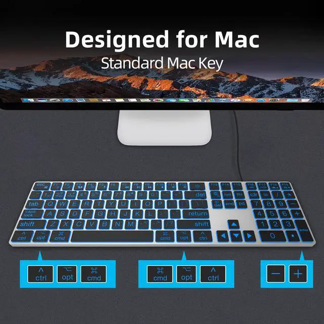 Alt view image 3 of 5 - POWZAN Large Print Aluminum Bluetooth Keyboard for Mac,7 Backlit Computer Wired Keyboard with Numeric Keypad for Ipad,Full Size Slim Quiet,for iMac, MacBook Pro/Air