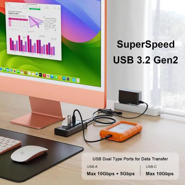 Alt view image 5 of 5 - 36W Powered 7-Port USB 3.2 Hub Bundle with Magnetic NVMe Enclosure with Magsafe for iPhone 15 Pro Max