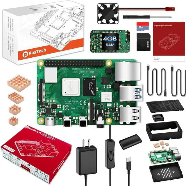 Main image of RasTech Raspberry Pi 4 4GB Starter Kit with Pi 4 4GB Board, 32GB Card 4 Copper Heatsink 2 HD Out Cable 5V 3A Power Supply with ON/Off Case Cooling Fan Card Reader Screwdriver