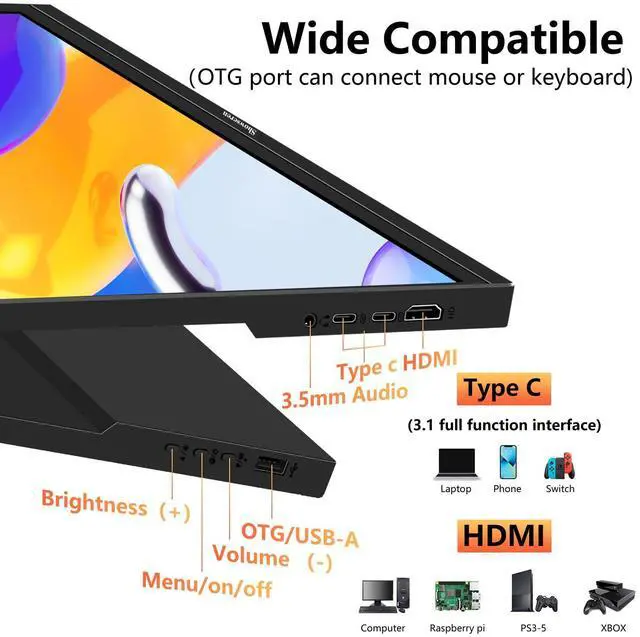 Alt view image 3 of 5 - Showscren Portable Monitor 16inch, Full HD 1920X1200P Display 300cd/Brightness,60Hz IPS LCD Panel,100% RGB, Built-in Speaker, HDMI USB C Portable Monitor for Laptop PC PS3/PS4 Switch