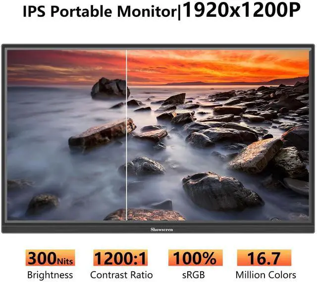 Alt view image 2 of 5 - Showscren Portable Monitor 16inch, Full HD 1920X1200P Display 300cd/Brightness,60Hz IPS LCD Panel,100% RGB, Built-in Speaker, HDMI USB C Portable Monitor for Laptop PC PS3/PS4 Switch