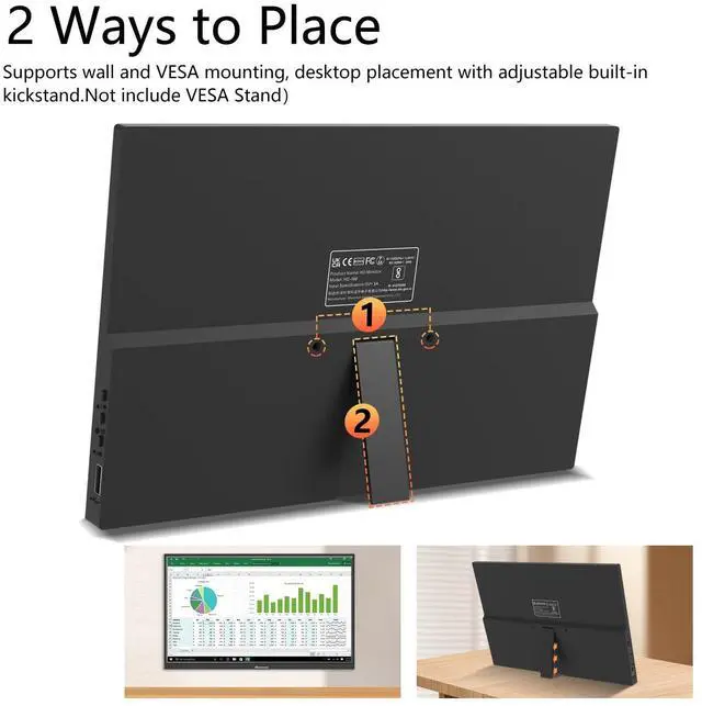 Alt view image 4 of 5 - Showscren Portable Monitor 16inch, Full HD 1920X1200P Display 300cd/Brightness,60Hz IPS LCD Panel,100% RGB, Built-in Speaker, HDMI USB C Portable Monitor for Laptop PC PS3/PS4 Switch