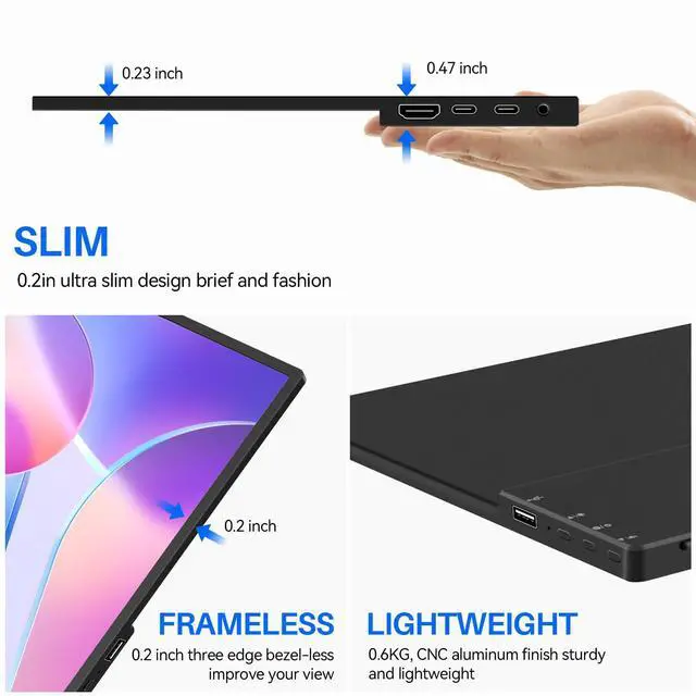 Alt view image 3 of 5 - 14 Inch Touchscreen Portable Monitor 1200P Slim and Lightweight Bezel less FHD IPS HDR Gaming Monitor, Laptop Travel Sub-Monitor with Built-in Speakers and VESA for Laptop Mac PC Xbox PS4/5 Switch