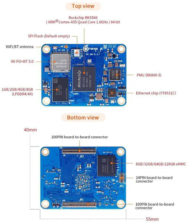 Alt view image 2 of 5 - Orange Pi CM4 8G64GB with Base Board RK3566 Quad Core 64 Bit Single Board Computer, 1.8 GHz Frequency Wi-Fi & Bluetooth 5.0 Integrated RKNN NPU AI Accelerator (8G64G+Base Board)