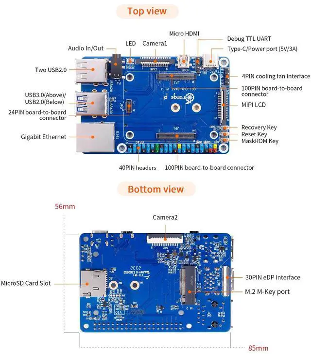 Alt view image 3 of 5 - Orange Pi CM4 8G64GB with Base Board RK3566 Quad Core 64 Bit Single Board Computer, 1.8 GHz Frequency Wi-Fi & Bluetooth 5.0 Integrated RKNN NPU AI Accelerator (8G64G+Base Board)