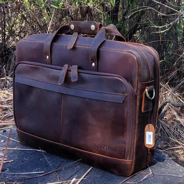Alt view image 3 of 5 - STAR VISTA Matteo Large 18" Laptop Messenger Bag, Full Grain Leather Briefcase for Men, Business Travel, YKK Zippers and Brass Hardware, Fits 17.3" Laptop, Dark Brown