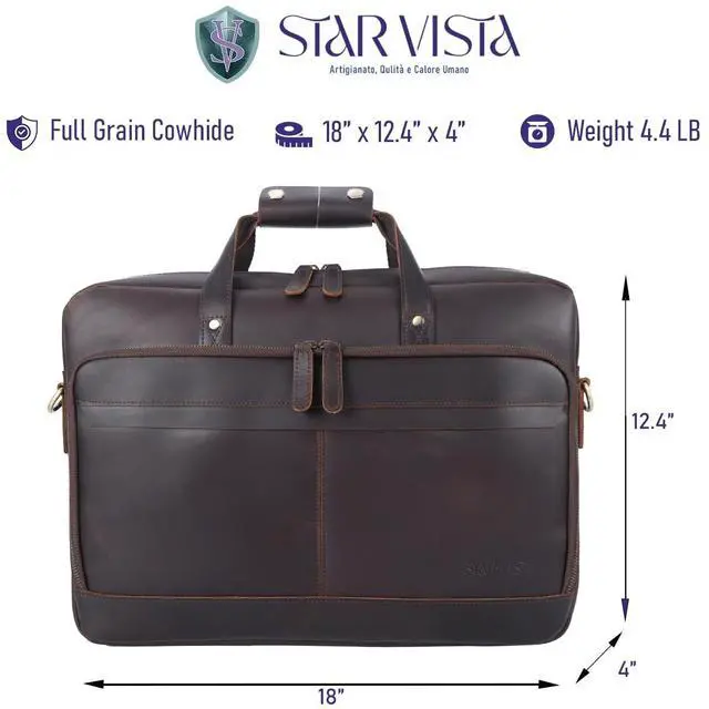 Alt view image 4 of 5 - STAR VISTA Matteo Large 18" Laptop Messenger Bag, Full Grain Leather Briefcase for Men, Business Travel, YKK Zippers and Brass Hardware, Fits 17.3" Laptop, Dark Brown