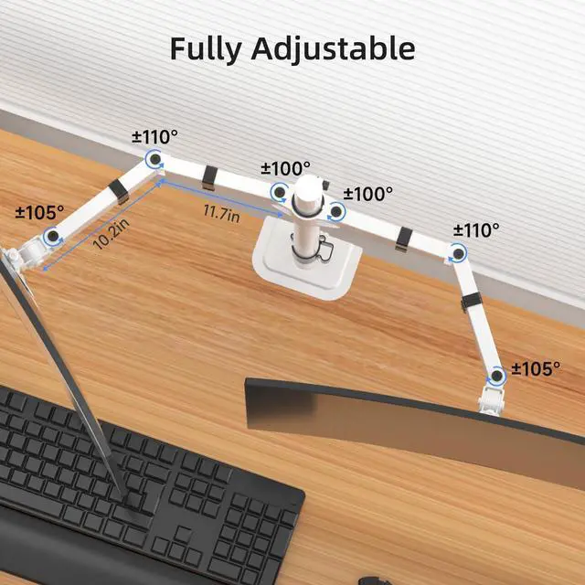 Alt view image 3 of 5 - Suptek Dual Monitor Desk Mount, Adjustable Dual Monitor Arm for 2 Monitor Screens up to 42 inch, Extra Tall 15.75" Pole Dual Monitor Stand for Desk, Holds up to 22 lbs,White(MD9442LW)