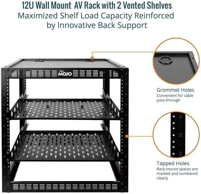 Alt view image 4 of 5 - Tecmojo 12U Open Frame Network Rack & Patch Panel 24 Port, Server Rack with 2 PCS 1U Server Rack Shelf&Hardware, Keystone Patch Panel Cat6/Cat5e/Cat5 with Cable Management