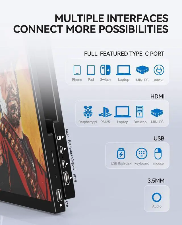 Alt view image 3 of 4 - Portable Monitor Touchscreen 15.6 Inch 1080P FHD IPS Screen with Tempered Glass Metal Frame Kickstand, Travel Gaming Monitor with Dual Speakers, USB C, HDMI Port for PC MAC Phone Xbox PS4/ 5 Switch