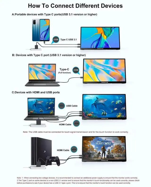 Alt view image 4 of 4 - Portable Monitor Touchscreen 15.6 Inch 1080P FHD IPS Screen with Tempered Glass Metal Frame Kickstand, Travel Gaming Monitor with Dual Speakers, USB C, HDMI Port for PC MAC Phone Xbox PS4/ 5 Switch