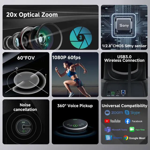 Alt view image 3 of 5 - TONGVEO Wireless Conference Room Webcam, Church Live Streaming 20X USB 1080P 60fps PTZ Camera for Worship Services Online Conference, Works with Zoom, Skype OBS Easy to Set Up