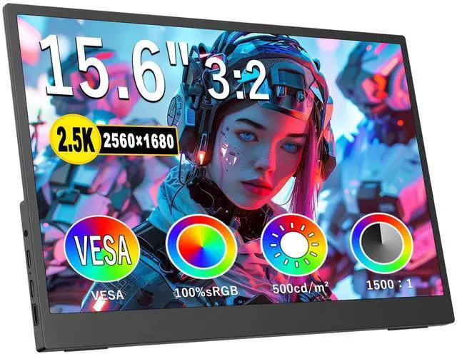 Main image of 2K Portable Monitor 15.6inch 2560 * 1680 Ultra-Slim, HDR FreeSync Laptop Monitor w/VESA Gaming Display, 500cd,100% sRGB Portable Display w/45deg Adjustable Stand,for Laptop PC Phone Mac