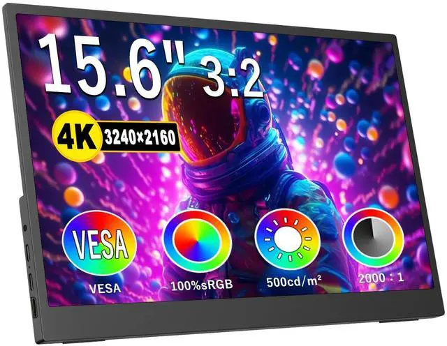 Main image of 4K Portable Monitor, 15.6 Inch Screen Extender 3240×2160 UHD, 500 Nits 100% sRGB with 45° Adjustable Stand, HDMI & USB-C Computer Display for Travel Monitor Laptop & PC Mac Phone PS4 PS5 Switch