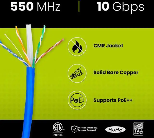 Alt view image 2 of 5 - TRUE CABLE Cat6 Riser (CMR), 1000ft, Blue, 23AWG 4 Pair Solid Bare Copper, 550MHz, ETL Listed, Unshielded Twisted Pair (UTP), Bulk Ethernet Cable