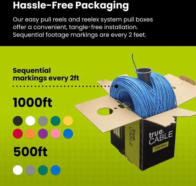 Alt view image 5 of 5 - TRUE CABLE Cat6 Riser (CMR), 1000ft, Blue, 23AWG 4 Pair Solid Bare Copper, 550MHz, ETL Listed, Unshielded Twisted Pair (UTP), Bulk Ethernet Cable