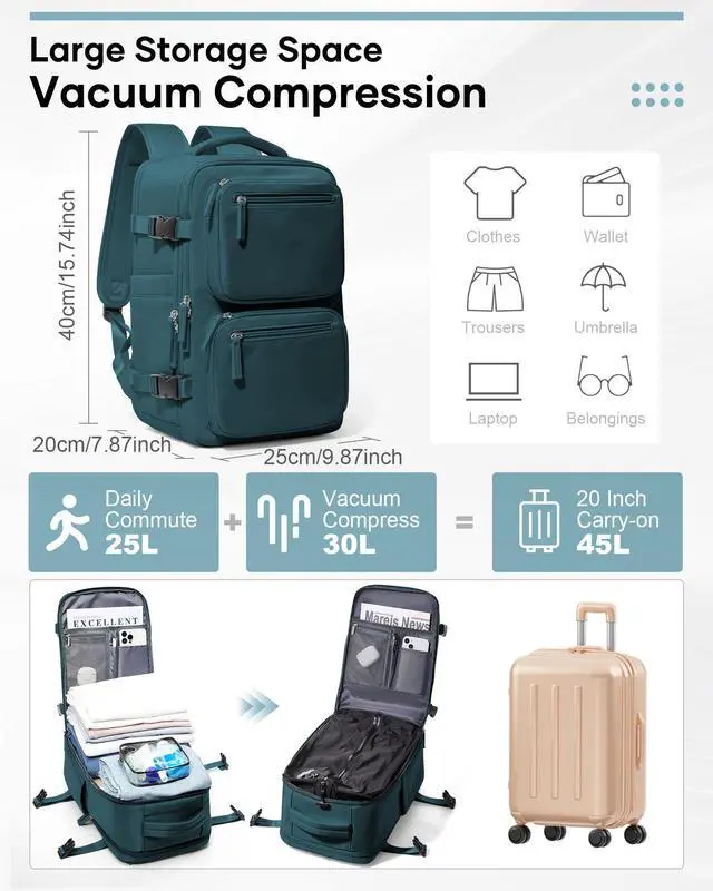 Alt view image 2 of 5 - Vacuum Backpack Travel, Airback Backpack with Pump Personal Item Carry On Bag Flight Approved Laptop Work Seal Compression Backpacks Men Women Vacpack Waterproof Business College Casual Daypack Blue