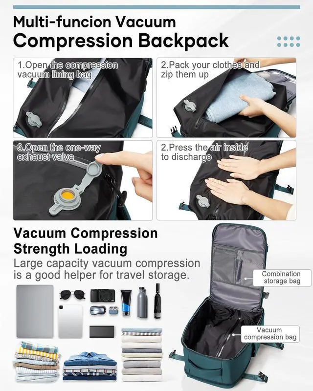 Alt view image 3 of 5 - Vacuum Backpack Travel, Airback Backpack with Pump Personal Item Carry On Bag Flight Approved Laptop Work Seal Compression Backpacks Men Women Vacpack Waterproof Business College Casual Daypack Blue