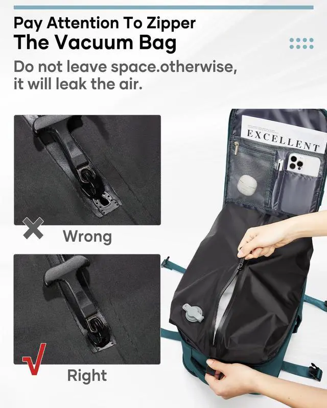 Alt view image 5 of 5 - Vacuum Backpack Travel, Airback Backpack with Pump Personal Item Carry On Bag Flight Approved Laptop Work Seal Compression Backpacks Men Women Vacpack Waterproof Business College Casual Daypack Blue
