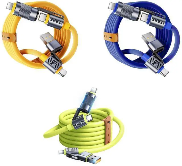 Main image of Vexipia 3 Pack 4-in-1 5FT 60W +100W USB C Cable Lightning Cable (Yellow + Pink+Blue)