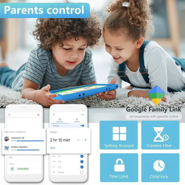 Alt view image 3 of 5 - YACXBTK Tablet for Kids 10.1 inch Android 14, 8GB+64GB(TF 1TB) 6000mAh Kids Tablet WiFi6 Parental Control,Face Unlock, 1280 * 800 HD Screen (Layard Blue)