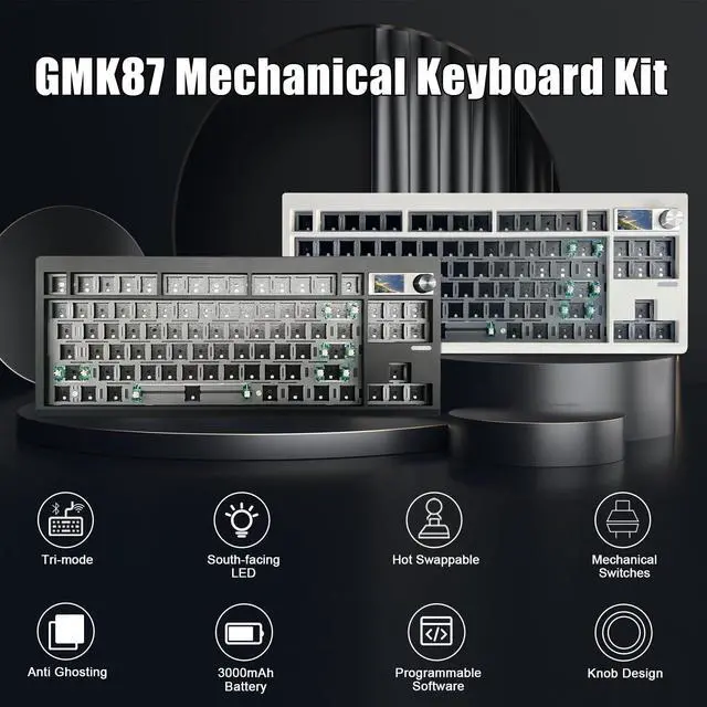Alt view image 2 of 5 - ZMX GMK87 Keyboard Barebones Kit,Gasket Mount Hot Swap PCB Triple Mode BT5.0/2.4G/Type-C Wireless Mechanical Keyboard with Knob VIA-Programmable Custom TFT-Screen RGB Keyboard DIY Kit(White)