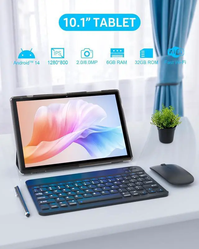 Alt view image 5 of 5 - 2 in 1 Tablet with Keyboard Case Mouse Stylus, 10 inch Tablet Android 14 Tablets PC, 6GB RAM+32GB ROM 1TB Expandable Tableta, 6000mAh Battery IPS 10.1" Tab 2MP+8MP Dual Camera WiFi Bluetooth Tablet.