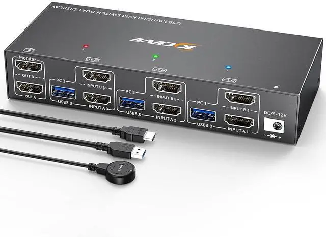Main image of KVM Switch 3 Computers 2 Monitors HDMI, KCEVE 4K@60Hz Dual Monitor USB 3.0 KVM Switcher with EDID Emulator, Support Copy and Extended Display, for 3 Computers Share 2 Displays and 4 USB Devices