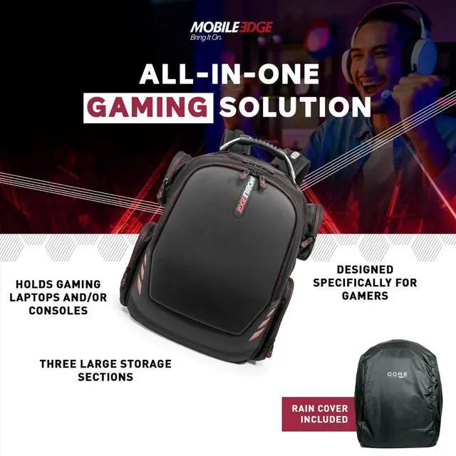 Alt view image 2 of 5 - Mobile Edge Core Gaming Laptop Backpack for 17-18 Inch Laptops with USB Charging Port and Cable, TSA-Friendly, Black/Red