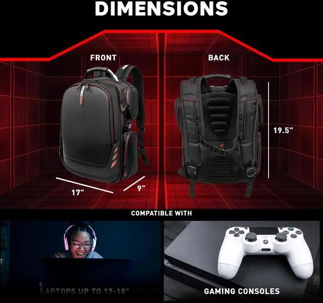 Alt view image 3 of 5 - Mobile Edge Core Gaming Laptop Backpack for 17-18 Inch Laptops with USB Charging Port and Cable, TSA-Friendly, Black/Red