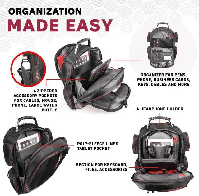 Alt view image 4 of 5 - Mobile Edge Core Gaming Laptop Backpack for 17-18 Inch Laptops with USB Charging Port and Cable, TSA-Friendly, Black/Red