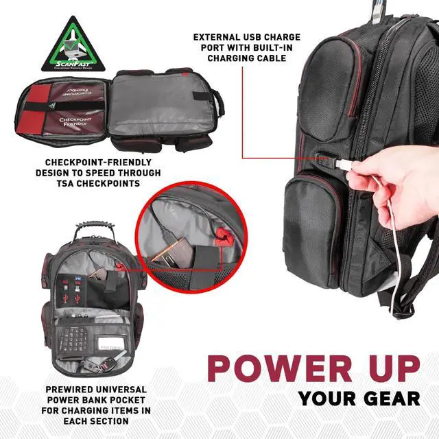 Alt view image 5 of 5 - Mobile Edge Core Gaming Laptop Backpack for 17-18 Inch Laptops with USB Charging Port and Cable, TSA-Friendly, Black/Red