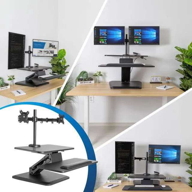 Alt view image 3 of 5 - Mount-It! Standing Desk Converter, Stand Up Desk Riser with Dual Monitor Mount, Adjustable Workstation in Black, Top Platform 23" Wide, Keyboard Mouse Tray 27" Wide, Raises 5" to 17" Tall