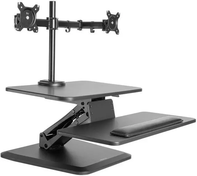 Alt view image 2 of 5 - Mount-It! Standing Desk Converter, Stand Up Desk Riser with Dual Monitor Mount, Adjustable Workstation in Black, Top Platform 23" Wide, Keyboard Mouse Tray 27" Wide, Raises 5" to 17" Tall