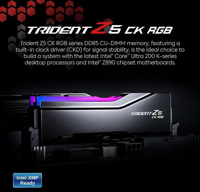 Alt view image 2 of 5 - G.SKILL Trident Z5 CK RGB Series (Intel XMP 3.0) DDR5 RAM 48GB (2x24GB) 8800MT/s CL42-55-55-140 1.45V Desktop Computer Memory CUDIMM - Mirror Black (F5-8800C4255H24GX2-TZ5CRK)