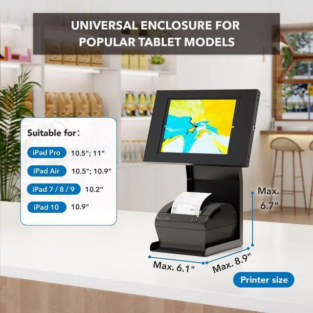 Alt view image 3 of 5 - Mount-It! iPad Kiosk Stand with Printer Shelf - Locking Anti-Theft Tablet Enclosure for POS, Retail & Business - Rotating & Tilting Secure Checkout Stand for iPad 7-10, Air & Pro