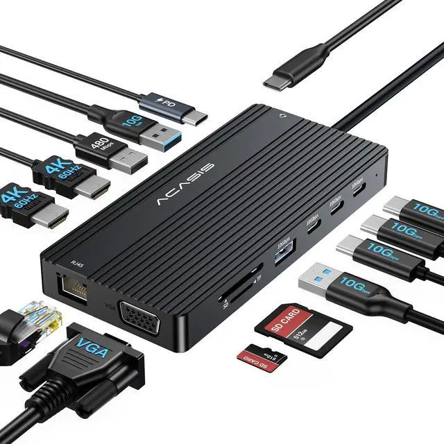 Main image of 14 in 1 USB C Docking Station Dual HDMI Monitor, Laptop Docking Station Triple Display, 2 * 4K60 HDMI, 1080p VGA, Ethernet, 3 USBC 10Gbps,100W PD, SD/TF 3.0, Audio - for MacBook, Dell, Lenovo (Black)