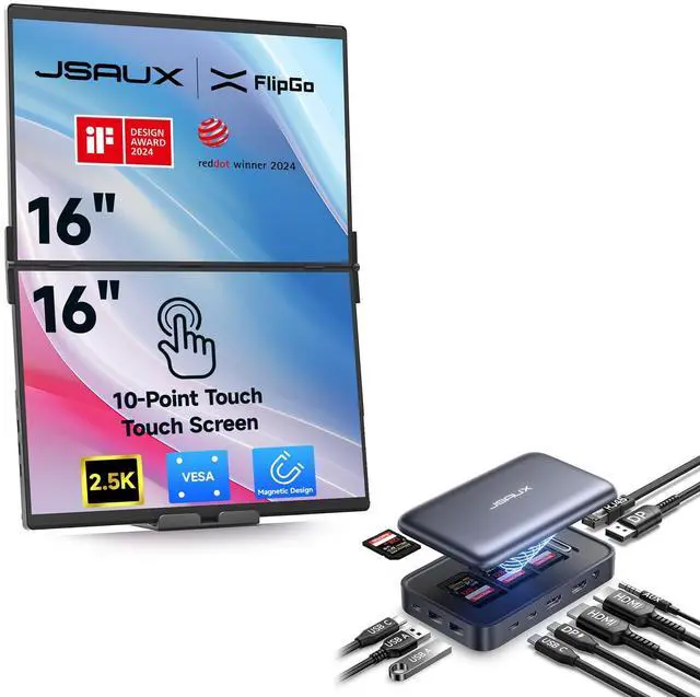 Main image of JSAUX FlipGo Touchscreen 16" 2.5K Dual Screen Portable Monitor & 12 in 1 USB Laptop Magnetic Docking Station
