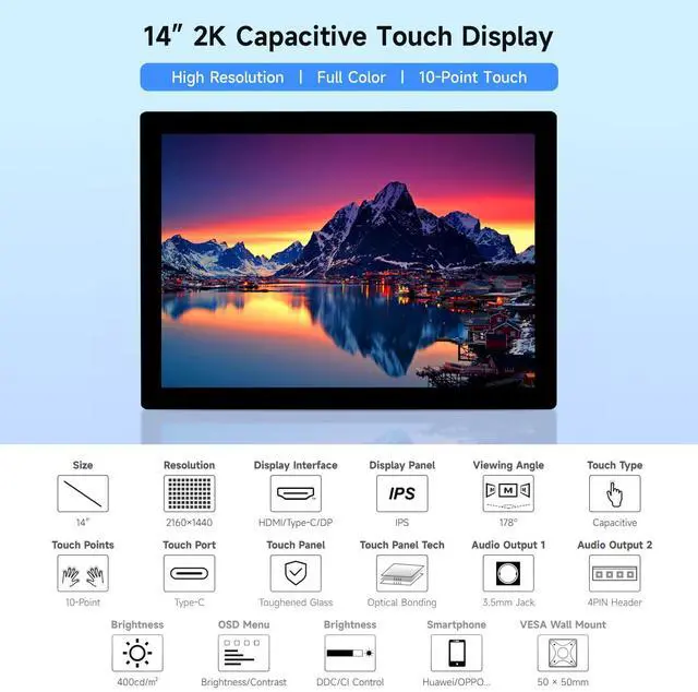 Alt view image 3 of 5 - waveshare 14inch 2K Capacitive Touch Display, Compatible with Raspberry Pi 5/4B/3B/Zero/Zero W/Zero 2W/Pico/Pico W/Pico WH, Supports Windows 11/10 / 8.1/8 / 7, Support Jetson Nano/Jetson Orin Nano