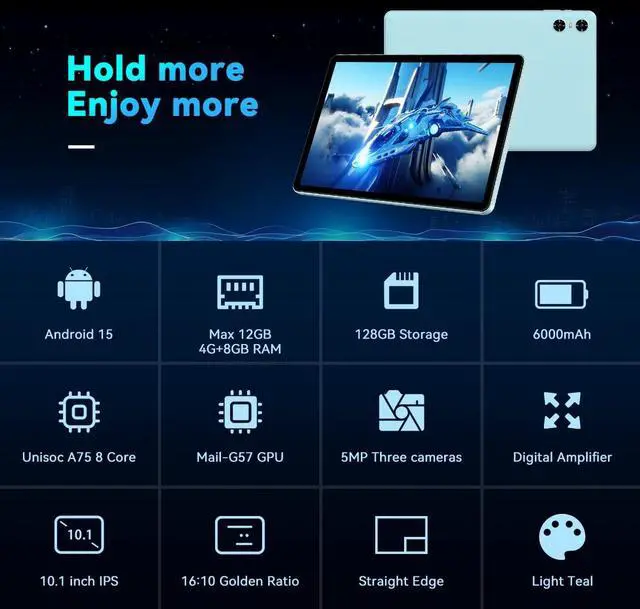 Alt view image 2 of 5 - SVITOO Android 15 Tablets, 10 Inch Tablet, P10 Tablet 12GB RAM+128GB ROM(TF 1TB), Unisoc A75 8 Core CPU, Widevine L1, 1280x800 IPS HD Touch Screen, 6000mAh, Three Cameras, BT 5.0, WiFi (Blue)