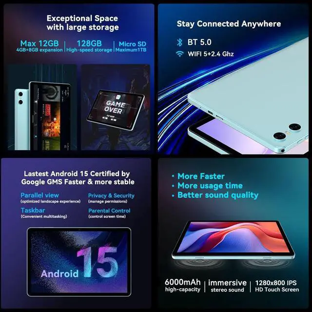 Alt view image 3 of 5 - SVITOO Android 15 Tablets, 10 Inch Tablet, P10 Tablet 12GB RAM+128GB ROM(TF 1TB), Unisoc A75 8 Core CPU, Widevine L1, 1280x800 IPS HD Touch Screen, 6000mAh, Three Cameras, BT 5.0, WiFi (Blue)