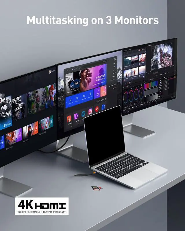 Alt view image 3 of 5 - Baseus Laptop Docking Station, USB C Docking Station 3 Monitors with 2 HDMI+DP, PD, 3 USB, RJ45, Audio, SD/TF Card Reader, Docking Station Dual Monitor Compatible for MacBook/Dell/HP/Surface/Lenovo