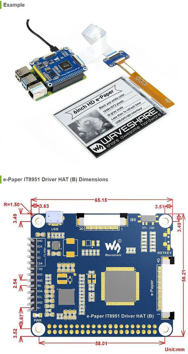Alt view image 4 of 5 - Waveshare 6inch E-Ink Display HAT Compatible with Raspberry Pi 4B/3B+/3B/2B/B+/A+/Zero/Zero W/WH/Zero 2W Series Boards 1448x1072 High Definition Black/White 16 Gray Scale Supports Partial Refresh