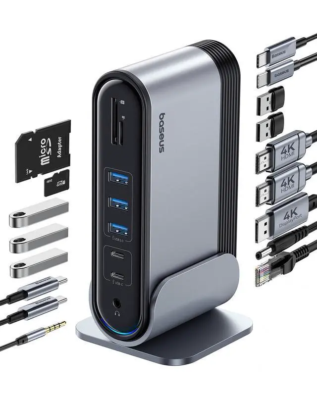 Main image of Baseus 17-in-1 Docking Station, Laptop Docking Station 3 Monitors with 3 * 4K HDMI, USB C Docking Station with 7 USB, 1000Mbps Ethernet, 100W PD, Card Readers Compatible with Acer/HP/Lenovo/Mac/Dell