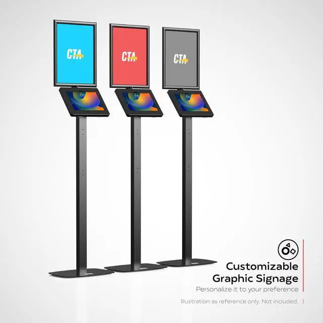 Alt view image 2 of 5 - Thin Profile Graphic Sign Floor Stand - CTA Thin Graphic Sign Floor Stand w/Security Enclosure for iPad Air 11" M2 (2024) - iPad Pro 11" M4 (2024) and More 9.7-11" Tablets - Black (PAD-CHKGRA)