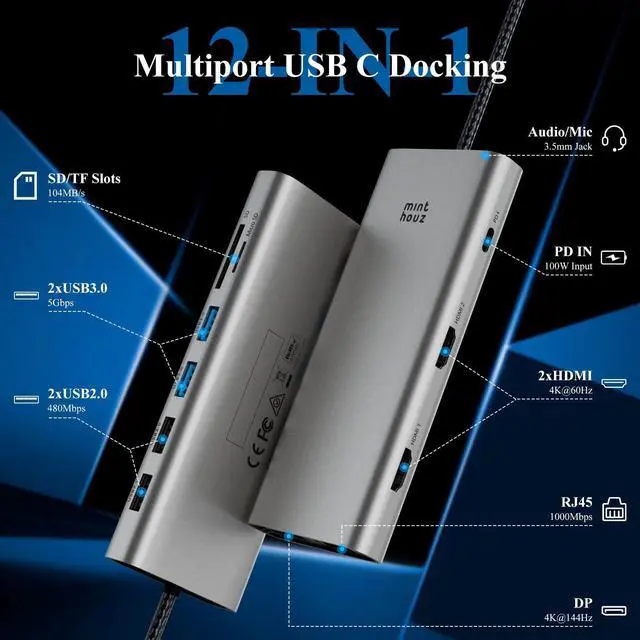 Alt view image 2 of 5 - Minthouz USB C Docking Triple 4K Monitor, 12 in 1 Multiport Hub with Dual 4K HDMI, 4K DP, 100W PD in, USB3.0 2.0 Ports, Ethernet, Audio and SD/TF Slots, for MacBook, Dell, HP, Lenovo Laptops